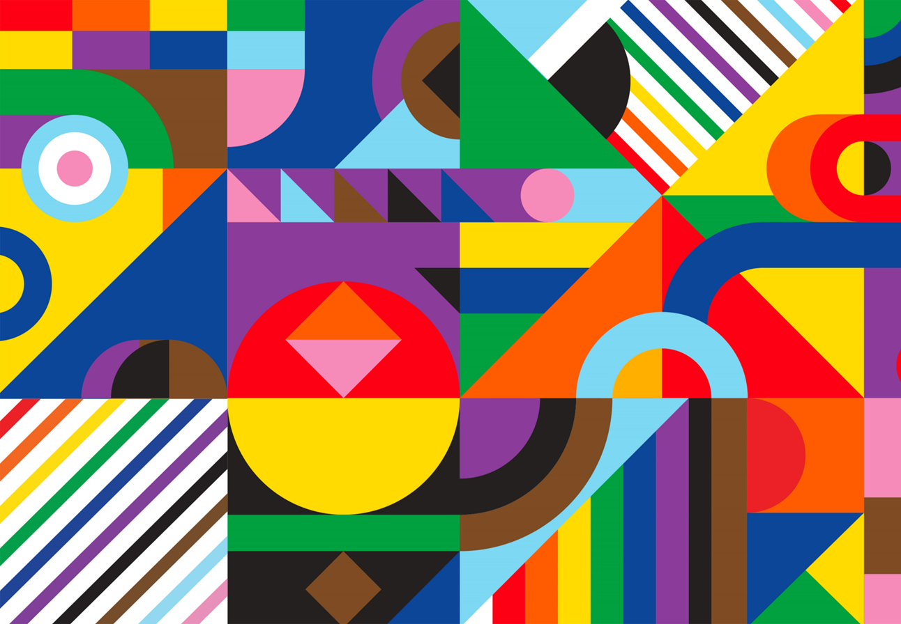 An abstract collage that contains elements of various LGBTQ+ flags