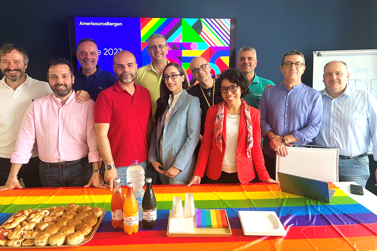 A group of coworkers celebrating Pride Month 2023 in the Naples, Italy office