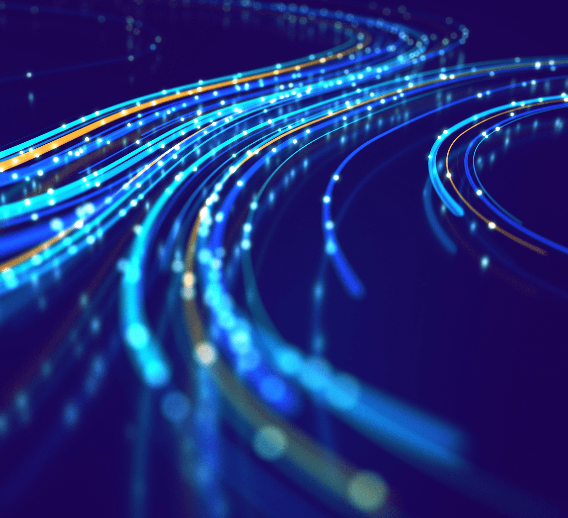 An abstract digital wave made of blue, teal, and yellow streaks dotted with white lights