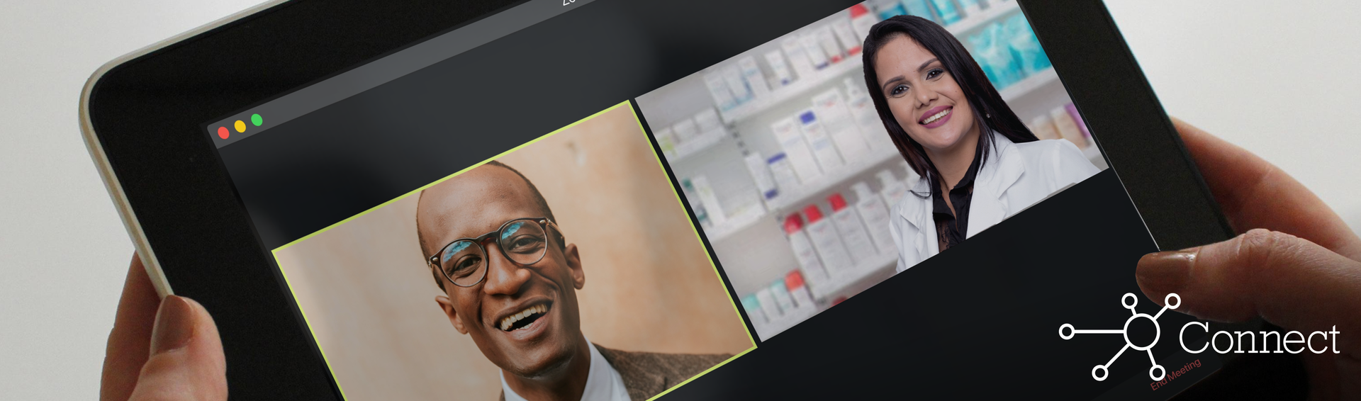 A pharmacist hosts a virtual meeting with an elected official on her tablet