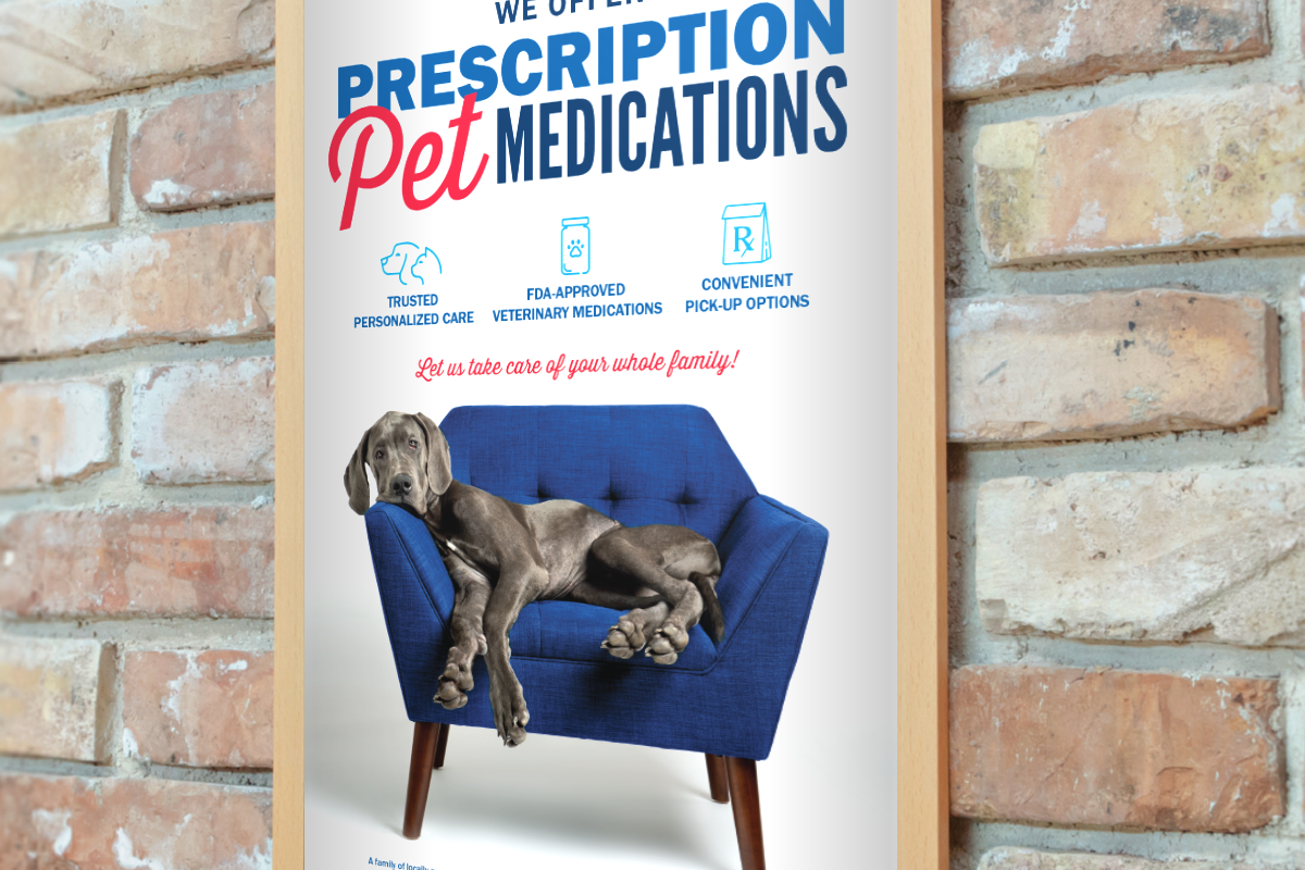 A pet health promotional poster on the wall of a pharmacy