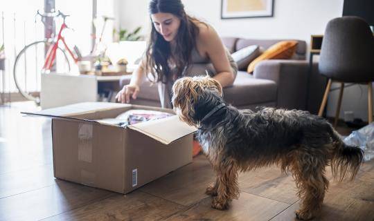 woman opens package as dog looks on