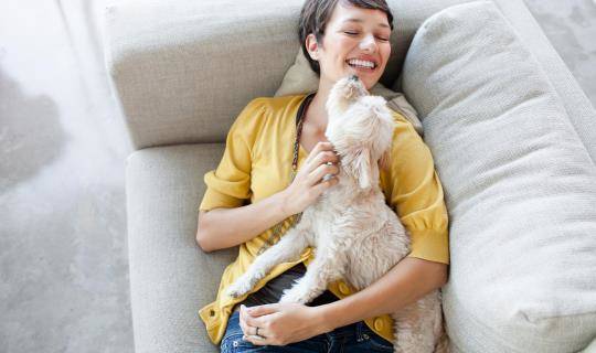 A young woman hugs a white dog while laying on a sofa