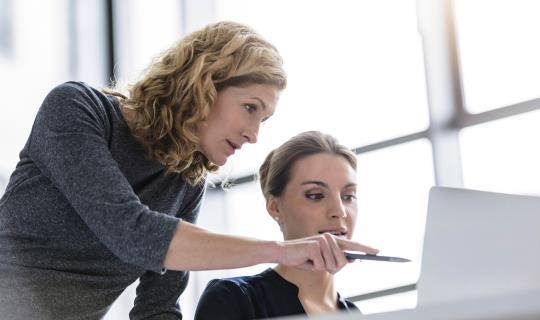 Two women having discussion in front of computer monitor