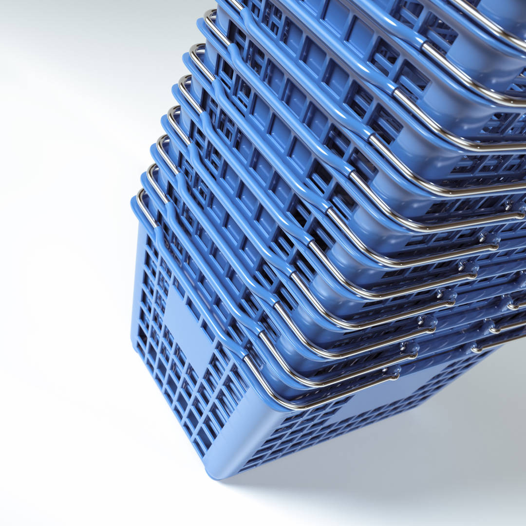 stack of blue shopping baskets